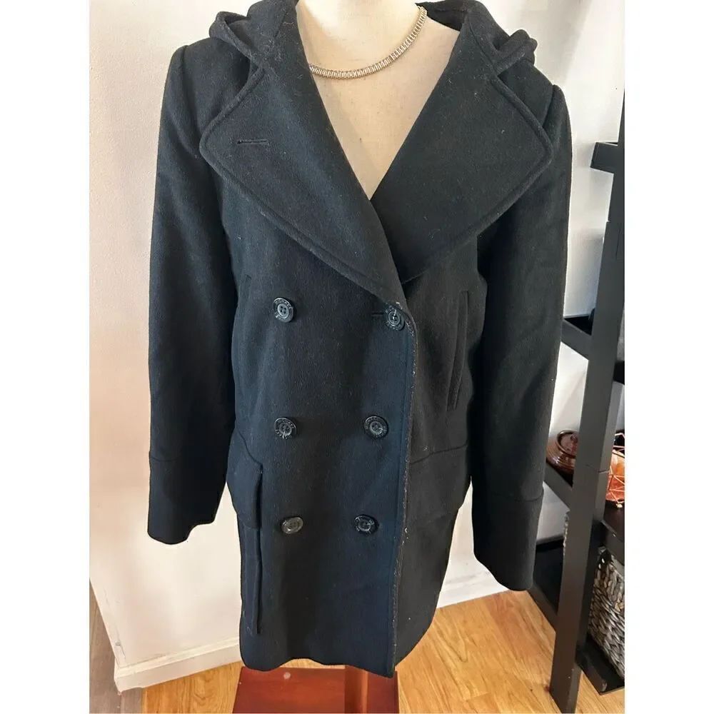Michael Kors pea coat with hoodie black winter jacket wool size 10